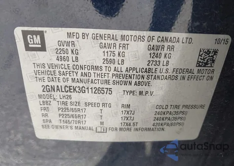 2016 Chevrolet Equinox Lt z USA, uszkodzony, nr VIN 2GNALCEK3G1126575